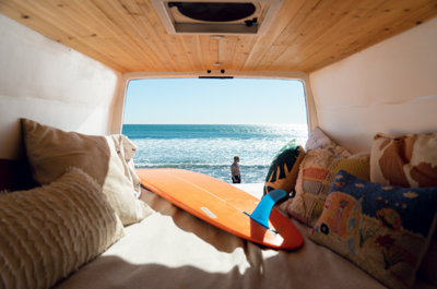 Surfboard in van showing natural ventilation in hot weather